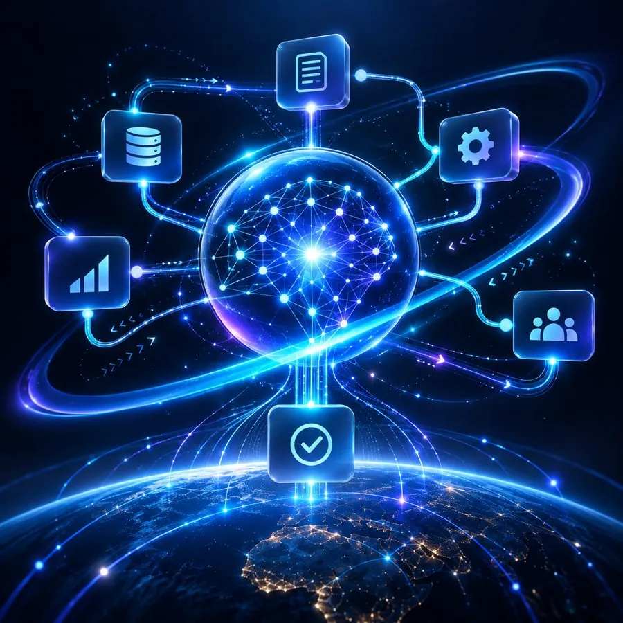 Illustration of a neural network connected to business tools
