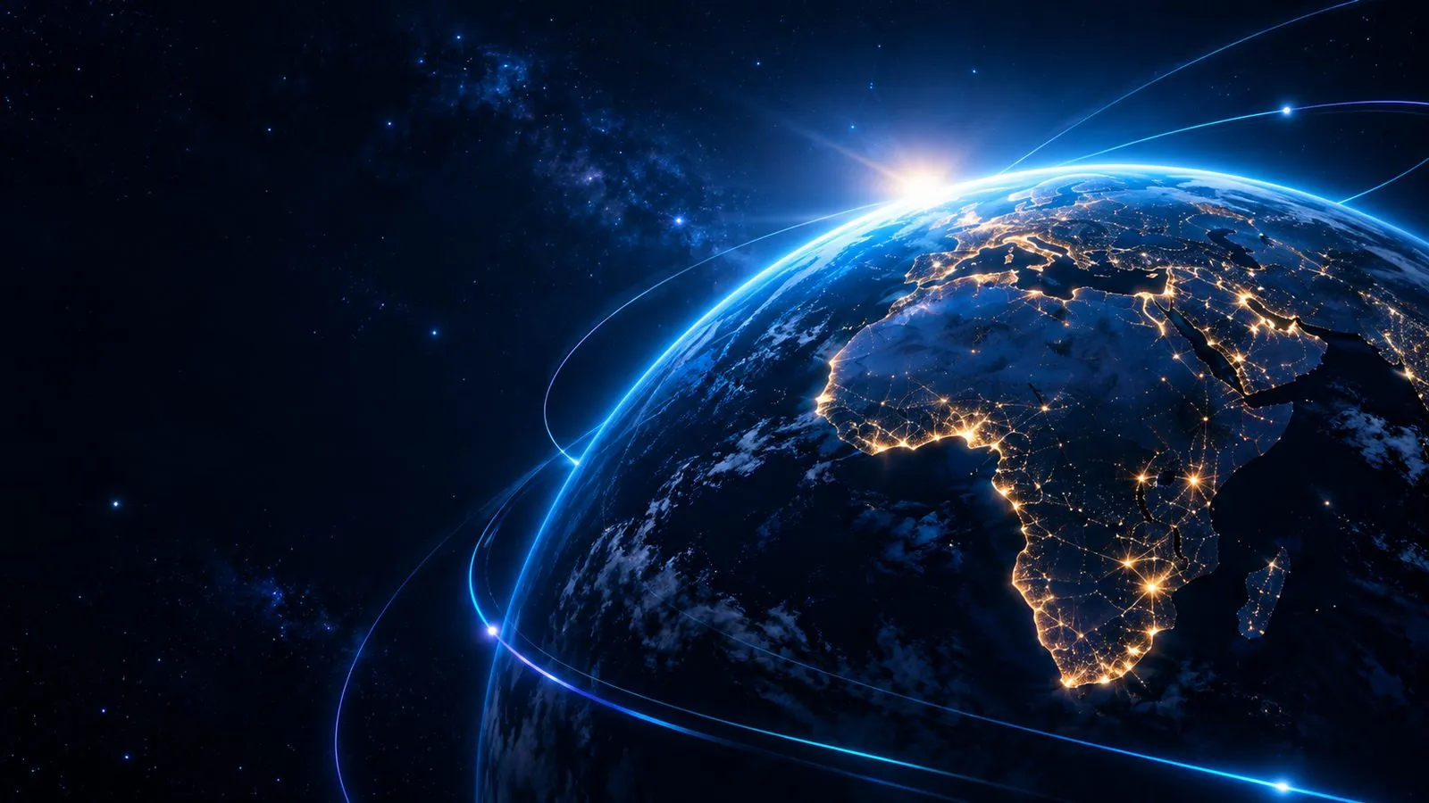 Earth seen from space, crossed by glowing network connections